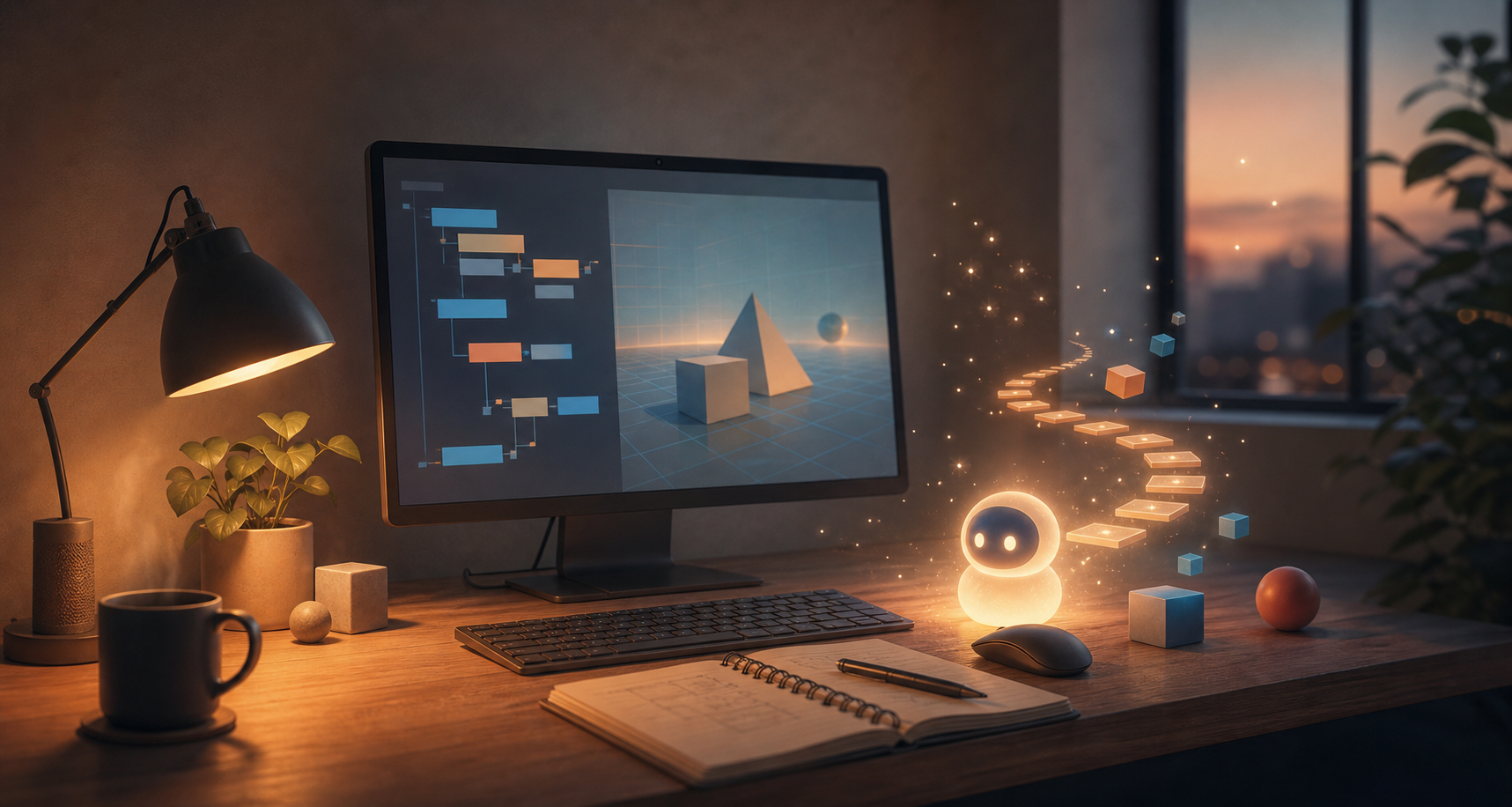 늦은 저녁, AI의 도움을 받으며 Unity와 코드를 배우는 따뜻한 작업실 분위기 이미지